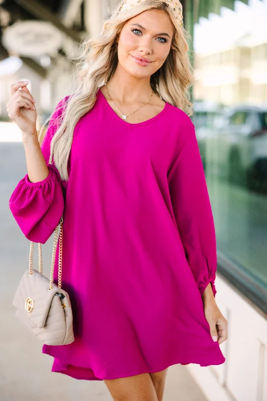 Elegant Women's Attire Trendy Styles Loud And Clear Magenta Purple Bubble Sleeve Dress