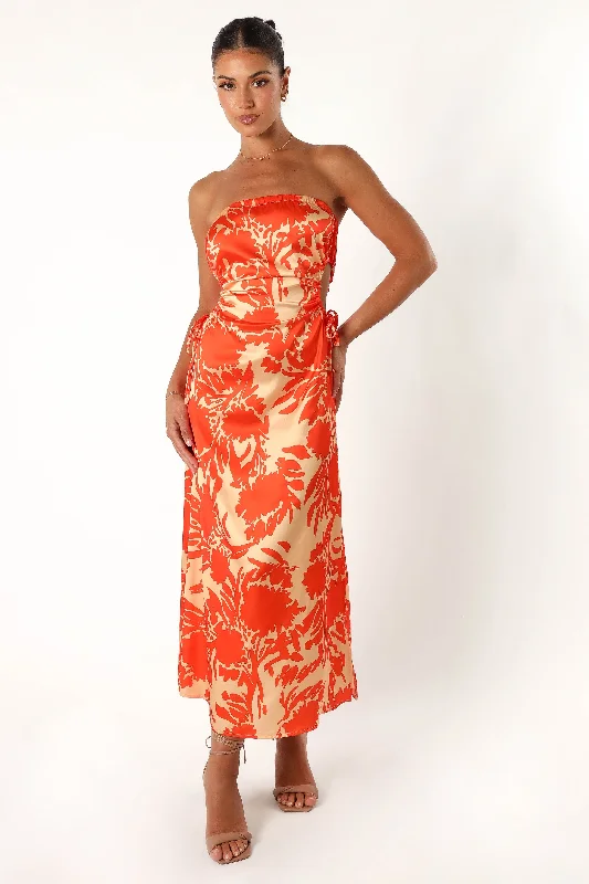 Women's Functional Outfit For Outdoor Activities Update With Cottagecore Styles Loc Strapless Midi Dress - Orange Floral