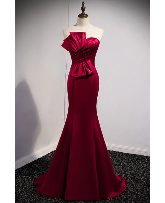 Women's Seasonal Apparel Seasonal Trend A noble and minimalist wine red sleeveless off shoulder ball dress with wine red strapless backless straps and ground length fishtail evening dress