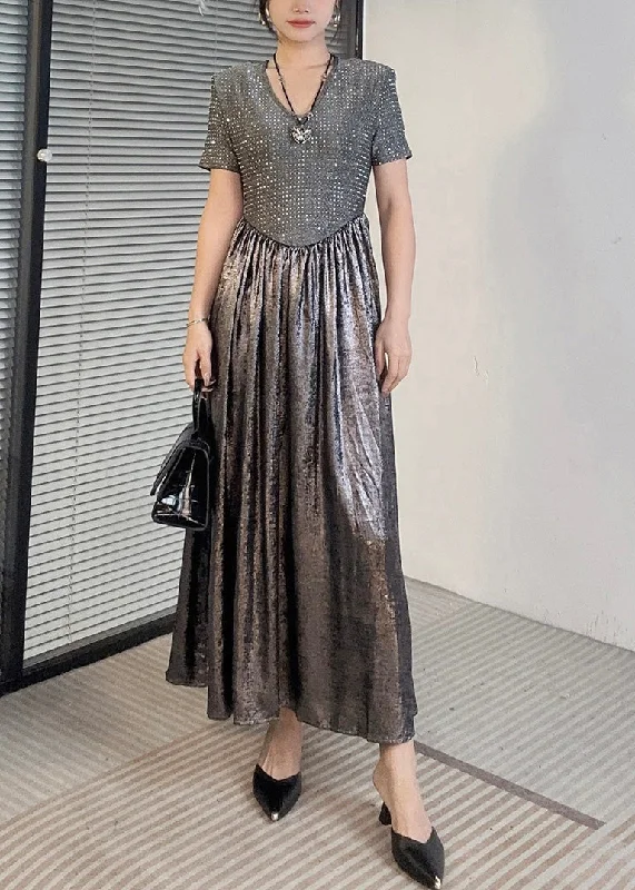 Affordable Women's Clothes Hollywood Glam Award - Show Style Silver Patchwork Maxi Dress Short Sleeve