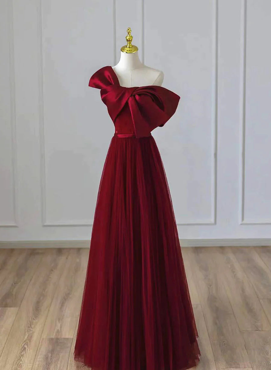 Women's Elegant Outfit Relaxed Fashion Wine Red Satin and Tulle A-line Simple Prom Dress, Floor Length Party Dress