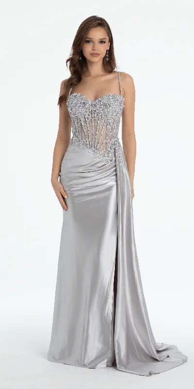 Stylish Women's Garments Now On Sale For Chic Urban Styles Sheer Embellished Satin Corset Trumpet Dress with High Slit