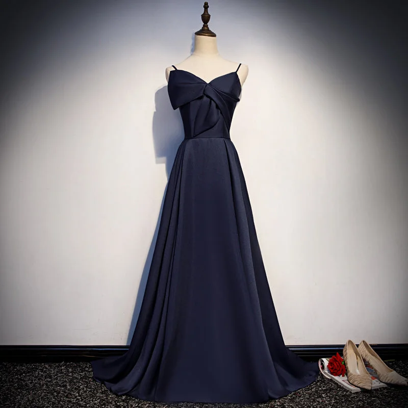 Women's Timeless Attire Rustic Countryside Charm Look Dark blue satin long prom dress, simple evening dress  8074