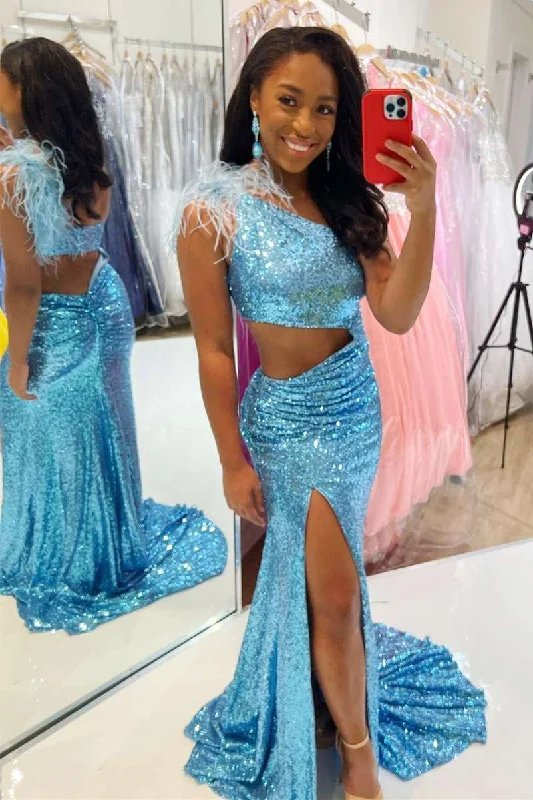 Women's Clothes Fashion Essentials Blue Sequin One-Shoulder Cutout Feathers Mermaid Long Prom Gown