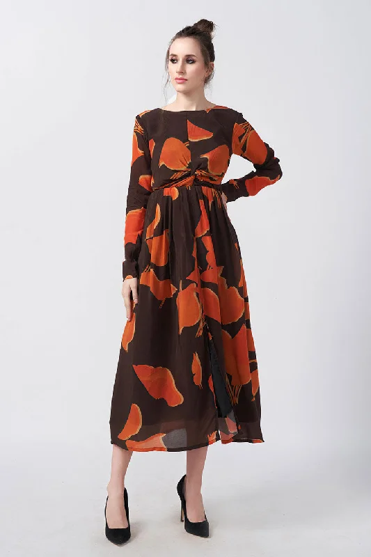 Women's Plus-Size Clothes Current Trends Brown Abstract Printed Knotted Midi Dress