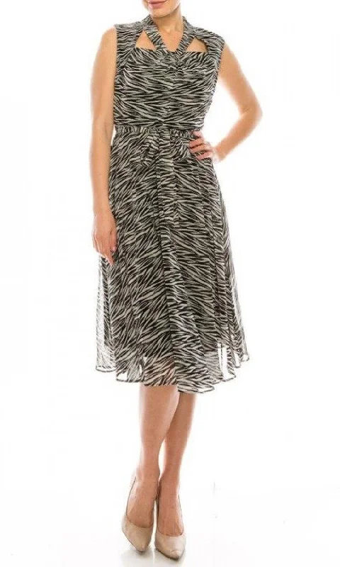 Women's Professional Clothes End Of Season Sale Maison Tara - 91087MSC Sleeveless Zebra Print Knee Length Dress