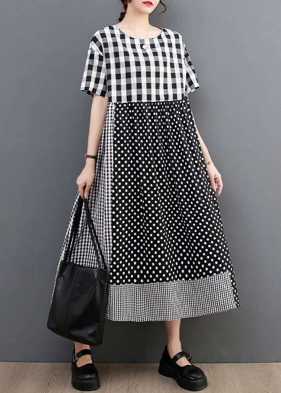 Women's Casual Garments Earthy Tones Natural O-Neck Plaid Dot Patchwork Maxi Dresses Summer