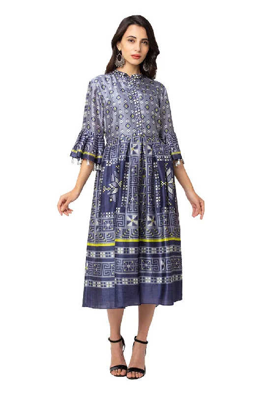 Women's Vacation Outfit Save On Classic Elegant Styles Blue Printed & Pleated Midi Dress