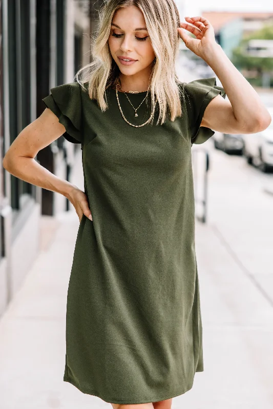 Women's Formal Apparel All Season Basics Discount Beauty Bound Olive Green Ruffled Sleeve Dress