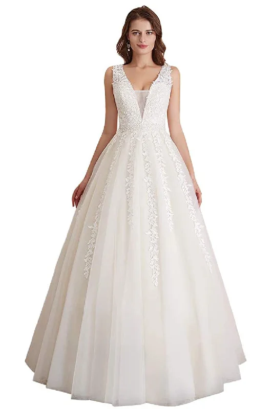 Women's Clothing For Work Refined Simplicity Elegant A Line Tulle Sleeveless Wedding Dress Lace Appliques Prom Gown W715