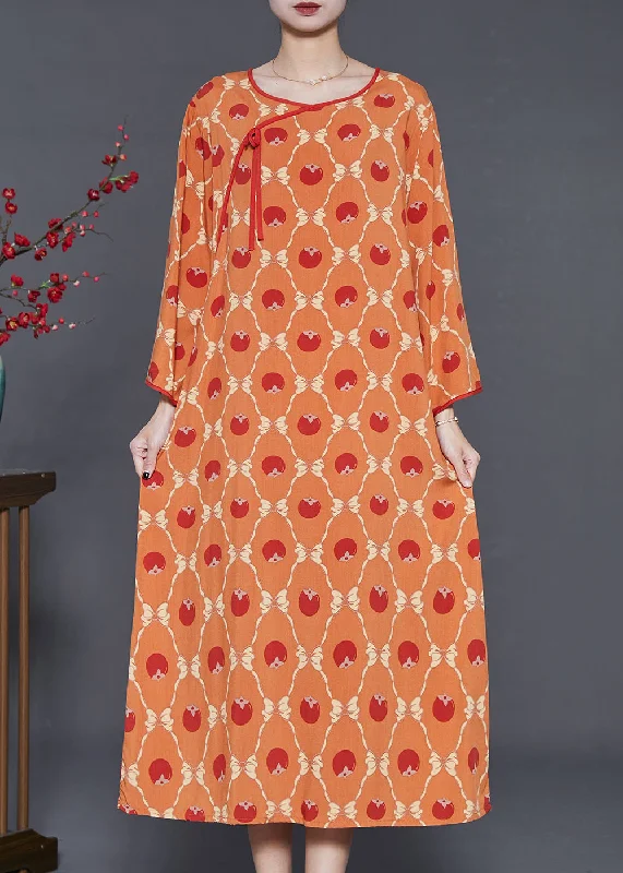 Women's Vintage Garments Luxury Style Art Orange Oversized Print Cotton Maxi Dresses Summer