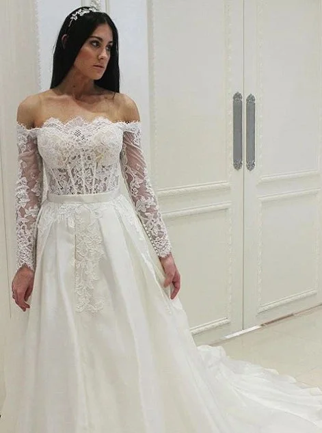 Women's Workout Clothing Alluring Design Off the Shoulder Lace Appliques Long Sleeve Wedding Dresses OW691