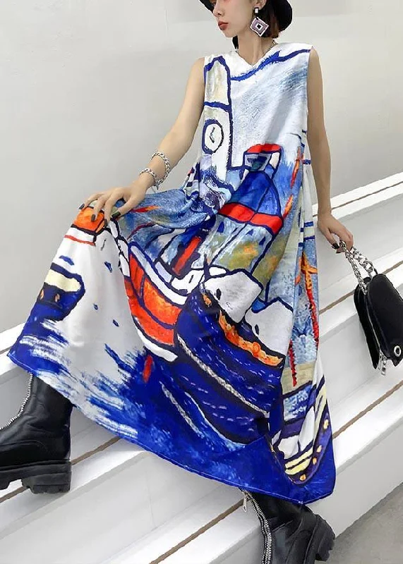 Stylish Outerwear Clothing For Women Fashionista Favorites Classy Blue Print Sleeveless Maxi Dresses Summer