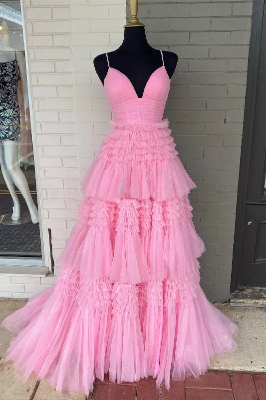 Vintage-Inspired Women's Apparel Seasonal Fashion Princess Pink Tiered Layers Tulle Long Formal Gown