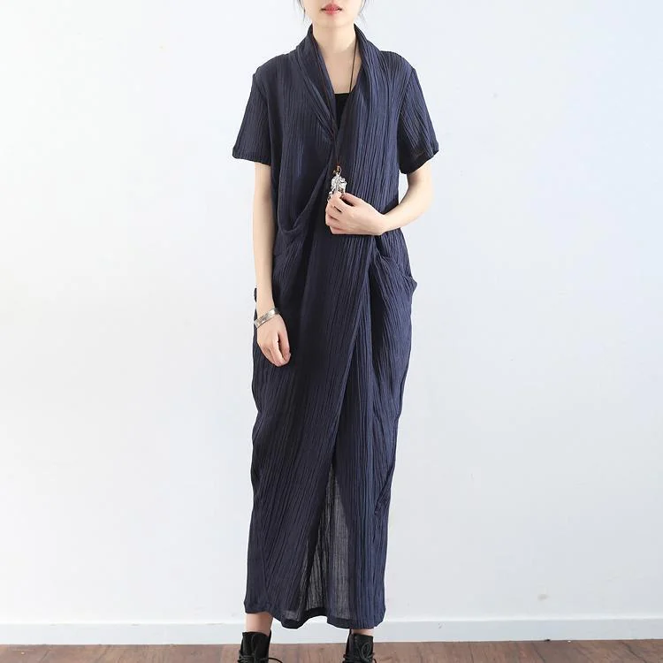 Women's Outfit For The Office Massive Selection Sale Navy cross design texture linen maxi dresses short sleeved casual caftans elegant