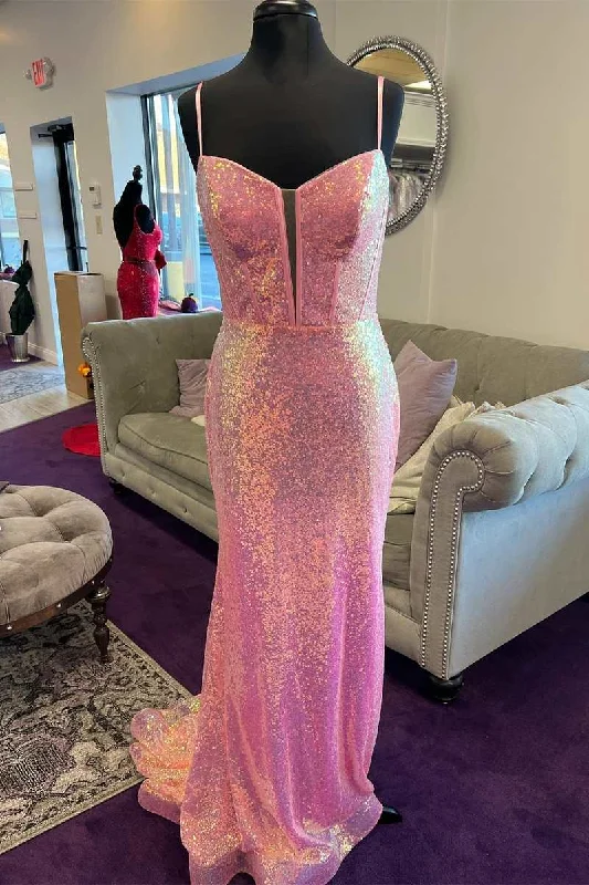 Women's Wedding Apparel Fashion For Every Occasion Pink Sequin Split Neck Mermaid Long Prom Gown