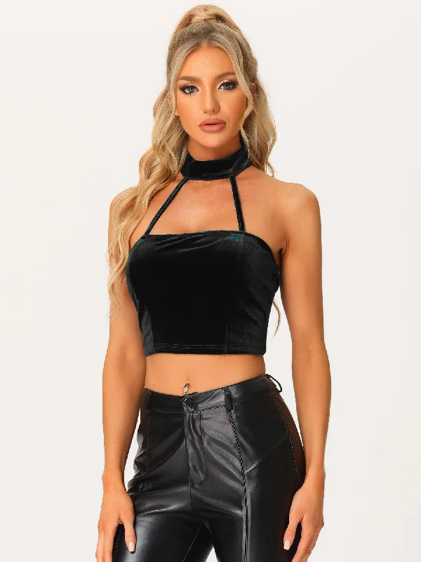 Women's Outerwear Garments Everyday Fashion Velvet Halter Backless Camis Party Sleeveless Punk Crop Tops