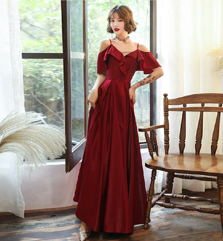 Women's Vintage-Inspired Outfit Refined Simplicity Burgundy satin prom dress simple evening dress  8379