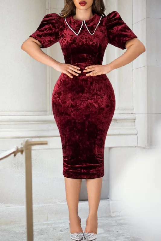 Women's Evening Garments Quality Driven Apparel Rhinestone Decor Modern Solid Color Velvet Midi Dress