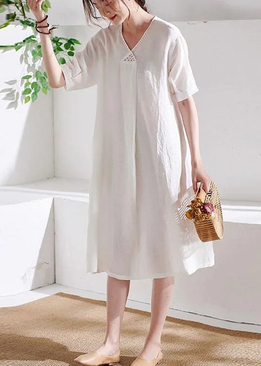 Women's Elegant Clothing Sets Limited Time Deal DIY White V Neck lantern Sleeve Summer Linen Maxi Dress Half Sleeve