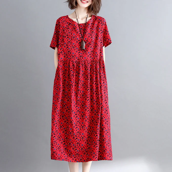 Women's Formal Event Outfit Budget Friendly New burgundy print cotton linen dresses casual short sleeve maxi dress vintage o neck caftans