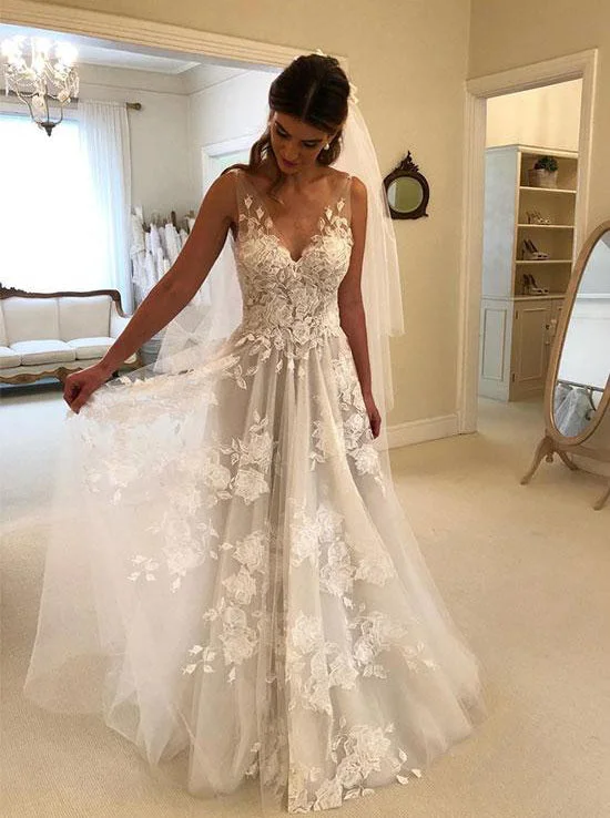 Sustainable Women's Clothes Polished Finish V neck Tulle Lace Appliques Long Beach Backless Wedding Dress OW333