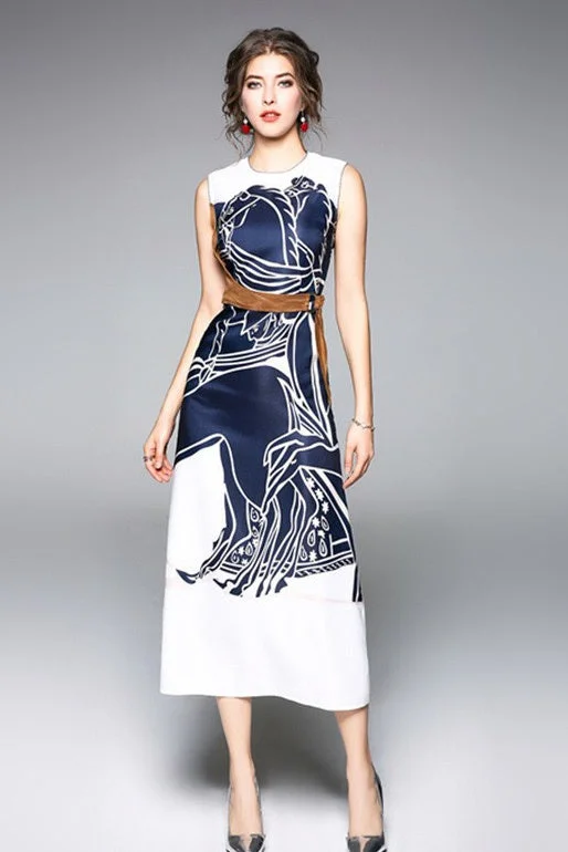 Trendy Athleisure Clothing For Women Elegant Attire For The Modern Lady Navy Print Maxi Dress W/ Belt