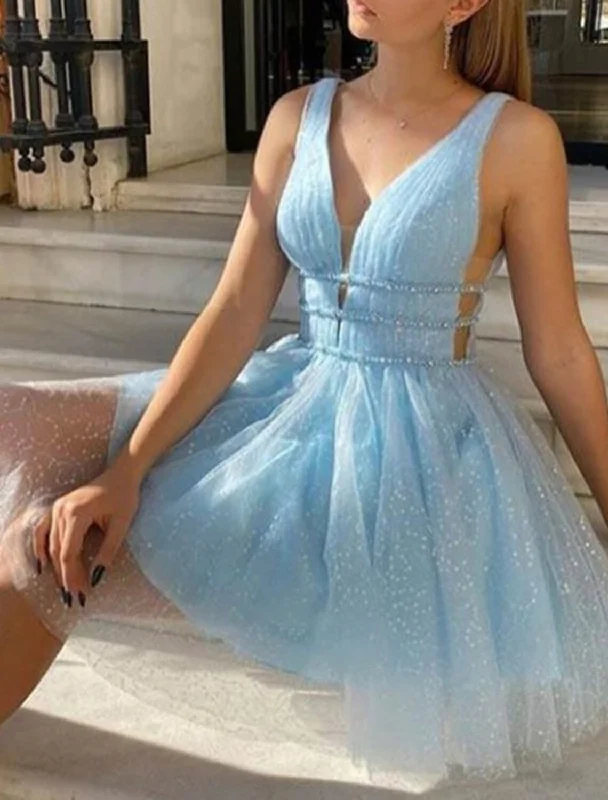 Women's Travel Outfit Set Latest Fashion A-Line Homecoming Dresses Sleeveless Sparkle & Shine Dress Party Dress Knee Length V Neck Tulle With Sequin Pure Color