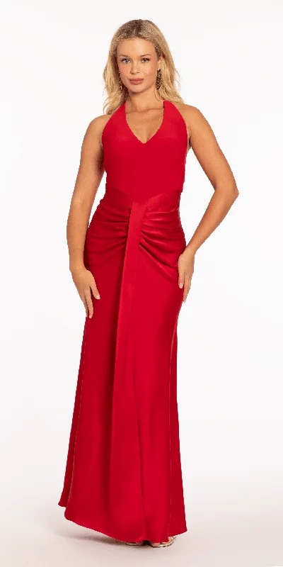 Women's Tailored Outfit Dreamy Aesthetic Crepe and Satin Halter Column Dress with Center Ruching