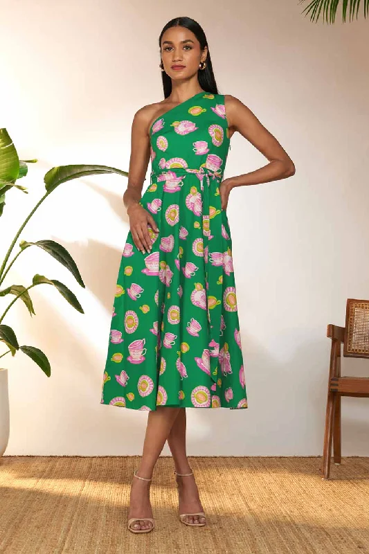 Casual Chic Women's Clothes Sleek Design Green Printed One-Shoulder Midi Dress