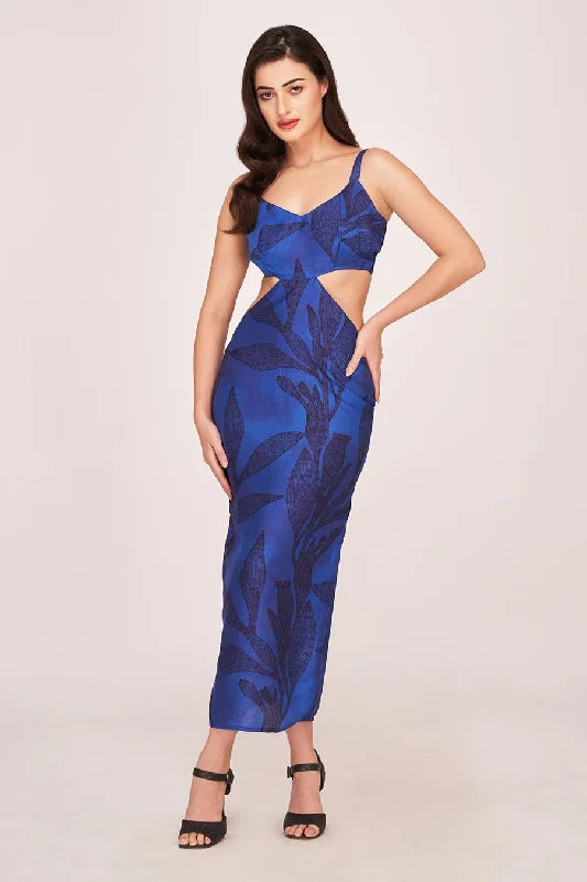 Women's Occasion Wear Clothes Polished Finish Blue Printed Cut-Out Midi Dress