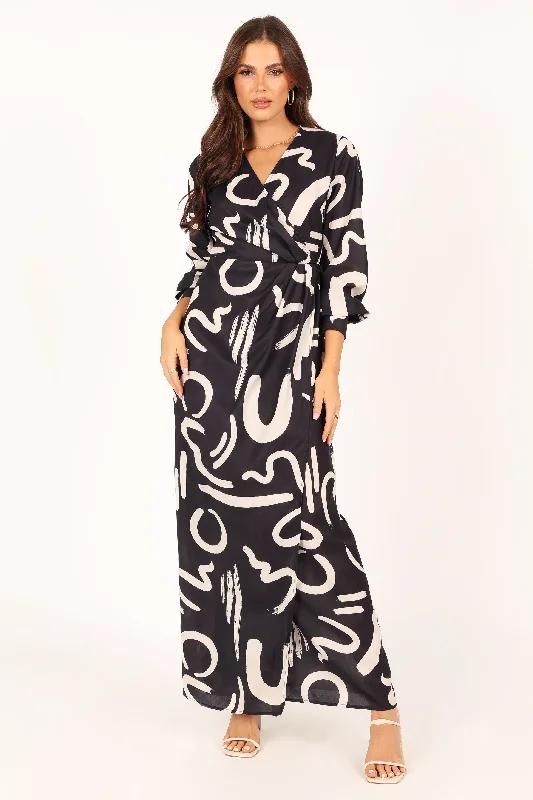 Women's Travel Outfit Set Spring Fashion Helen Long Sleeve Maxi Dress - Black White