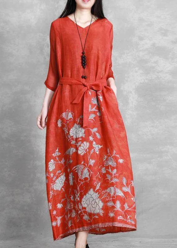 Stylish Outerwear Clothes For Women Beat The Heat In Tropical Styles Women red print Robes v neck tie waist Maxi Dresses