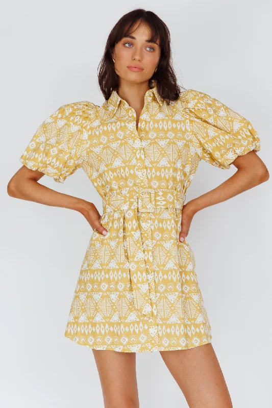 Women's Evening Wear Attire Dreamy Draping Nanette Puff Sleeve Belted Mini Dress Print Yellow