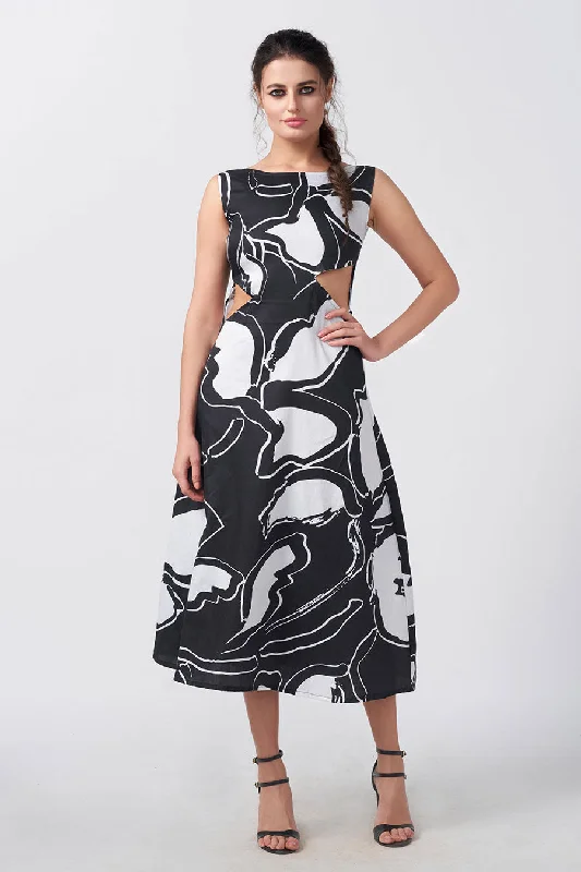 Stylish Clothes For Women Sophisticated Outfits Black & White Abstract Printed Cut-Out Midi Dress