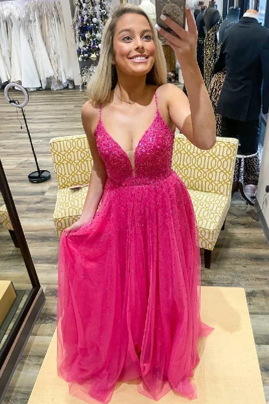 Women's Casual Apparel Chic Style Barbie Pink Tulle Beaded Open Back A-Line Prom Gown