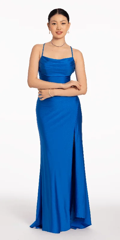 Women's Date Night Outfit Effortless Style Stretch Satin Drape Front Tie Back Halter Dress