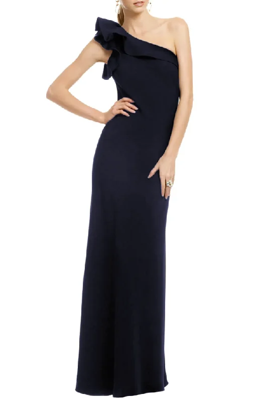 Comfortable Women's Attire Bold Patterns 10 - carmen marc valvo navy one shoulder ruffle gown