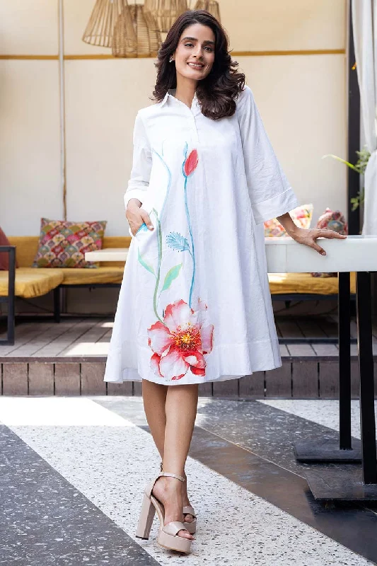 Women's Trendy Clothes Sophisticated Fashion White Printed A-line Midi Dress