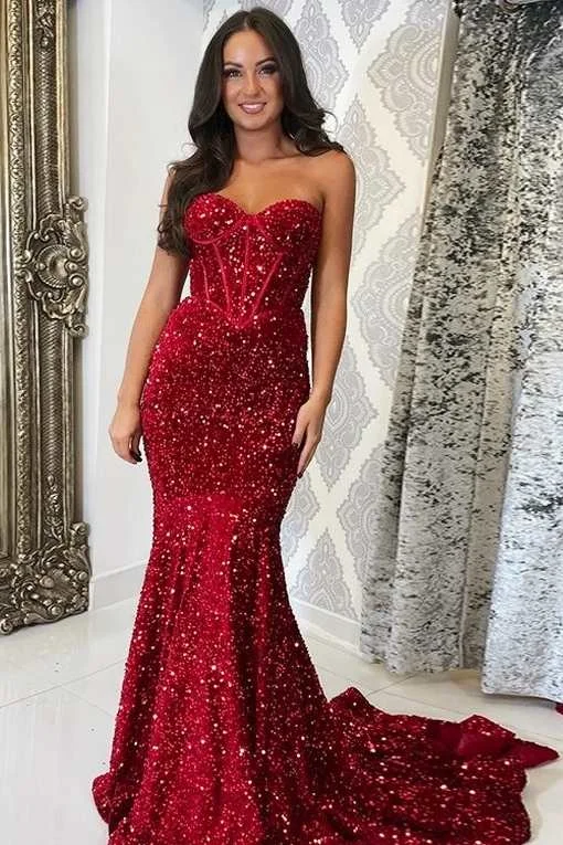 Timeless Women's Apparel Day-To-Night Styles Red Sequin Corset-Top Mermaid Long Prom Gown