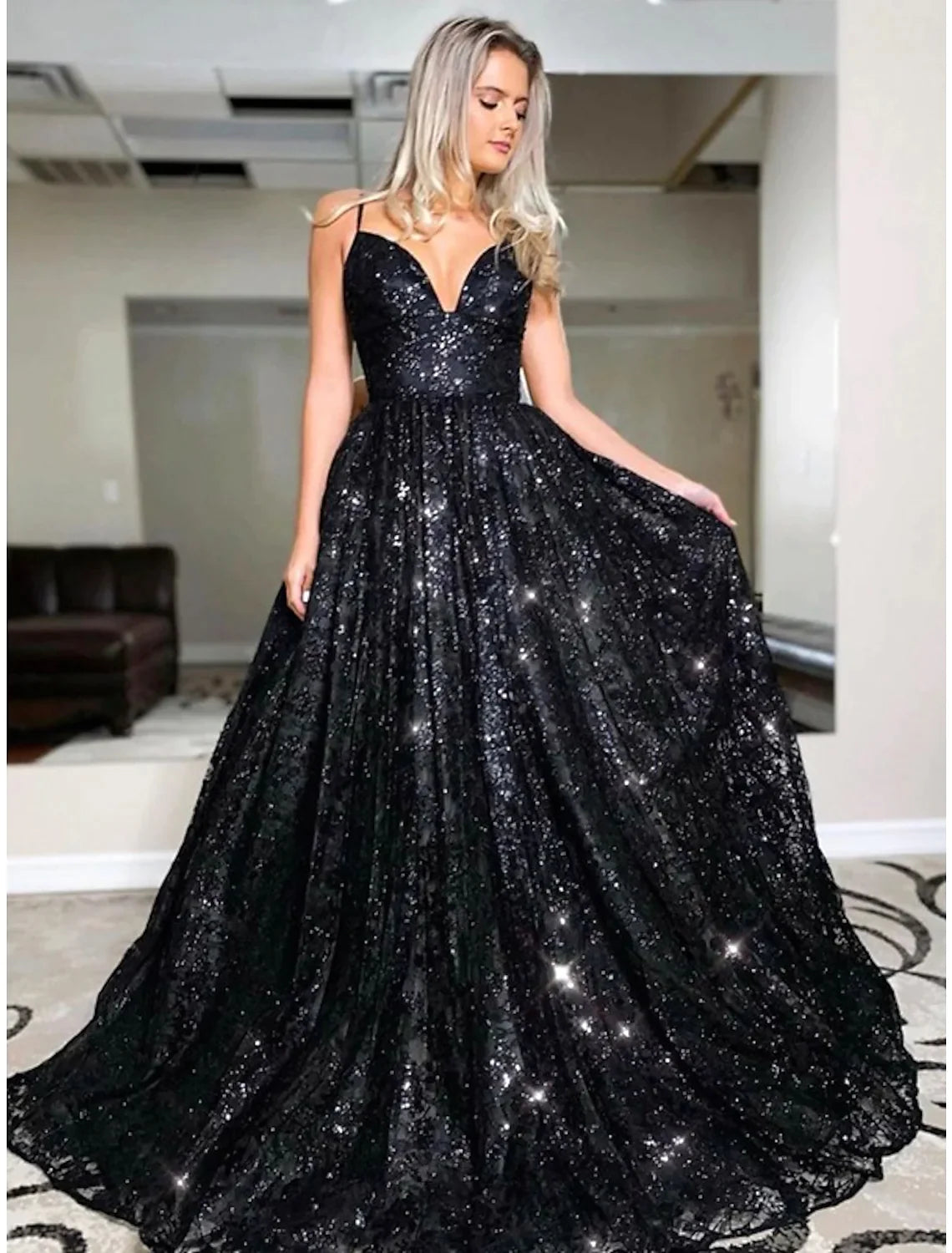 Women's Comfortable Apparel Romantic Detailing A-Line Prom Dresses Princess Dress Formal Sleeveless V Neck Sequined Backless with Pleats