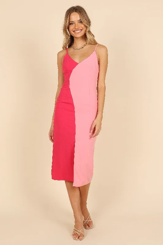 Women's Outfit For The Office Mid - Week Surprise Candy Colour Block Midi Dress - Pink/Berry