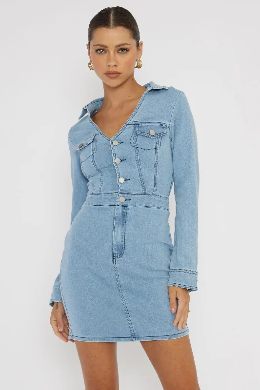 Women's Seasonal Clothing Hot Trends Jazelle Long Sleeve Mini Dress Denim