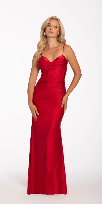 Women's Weekend Outfit Exquisite Craftsmanship Satin Drape Corset Column Dress with Sweep Train