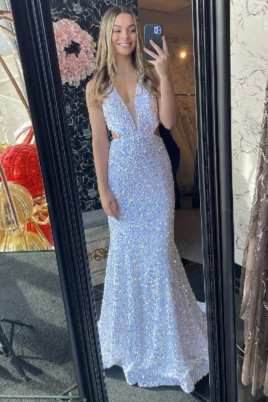 Women's Resort Apparel Wardrobe Upgrade White Iridescent Sequin Halter Cutout Mermaid Long Prom Gown