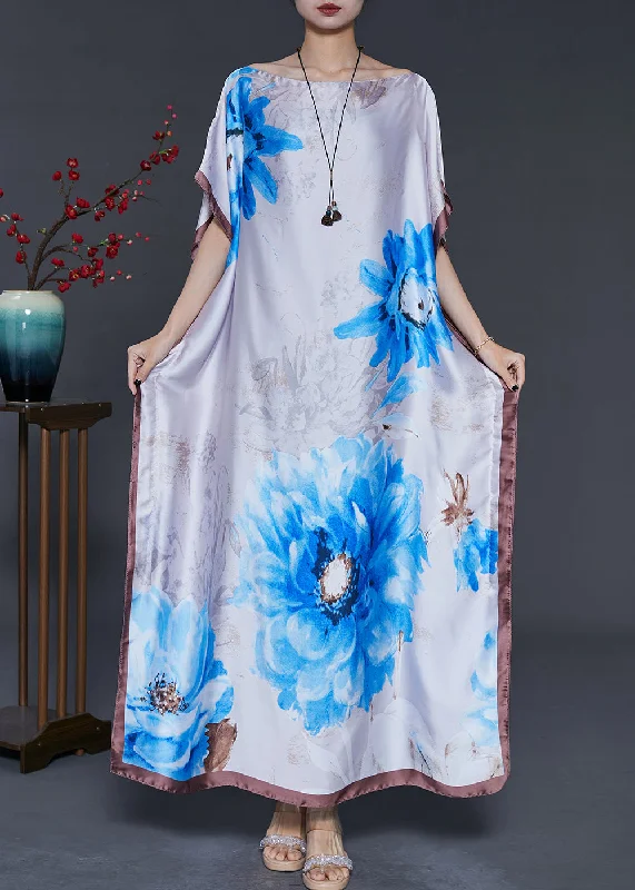 Women's Chic Outerwear Garments Contemporary Chic Bohemian White Flower Print Silk Maxi Dresses Summer