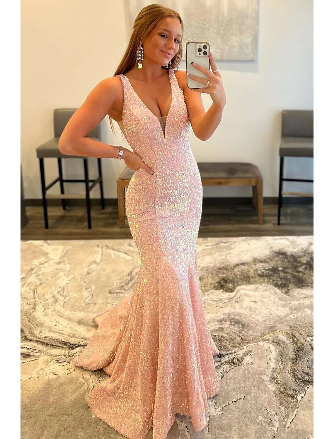 Women's Comfortable Lounge Garments Artful Design Prom Dresses Dress Formal Sleeveless V Neck Sequined Backless with Sequin