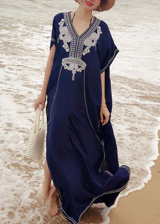 Women's High-Fashion Clothes Early Access To Art Deco Styles Sale Italian Blue Embroideried side open kimono robe Maxi Dresses Summer Cotton