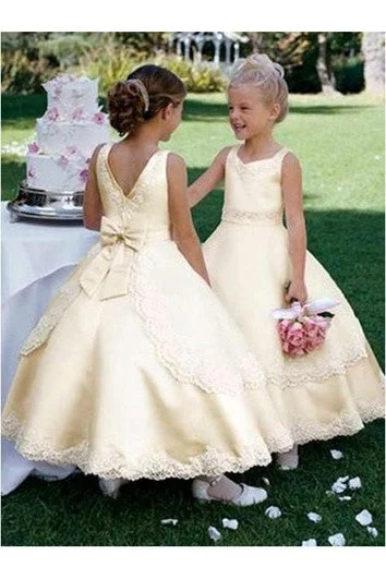 Charming Women's Garments Last Chance Sale Ball Gown Scoop Sleeveless Bowknot Ankle-length Satin Flower Girl Dresses