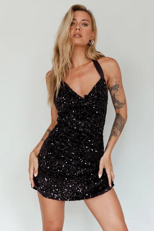 Women's Chic Outfit Modern Casual Clothing Star Lights Halterneck Mini Dress Sequin Black